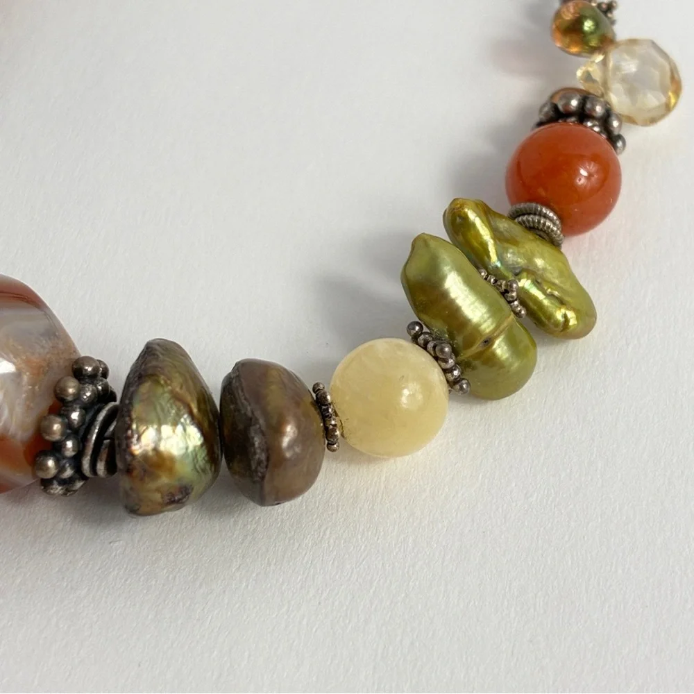 Artisan Beaded Bracelet Green Baroque Pearls Carnelian Citrine Earthy Tones